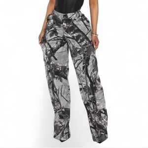 Fashion Nova Black and Gray Camouflage Wide Leg Pants